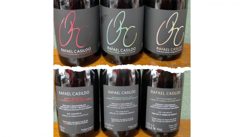 Los Vinos de Bodegas Coronado: Rafael Casildo Petit Verdot 2015, Sauvignon Blanc 2019 y Gewürztraminer 2020.